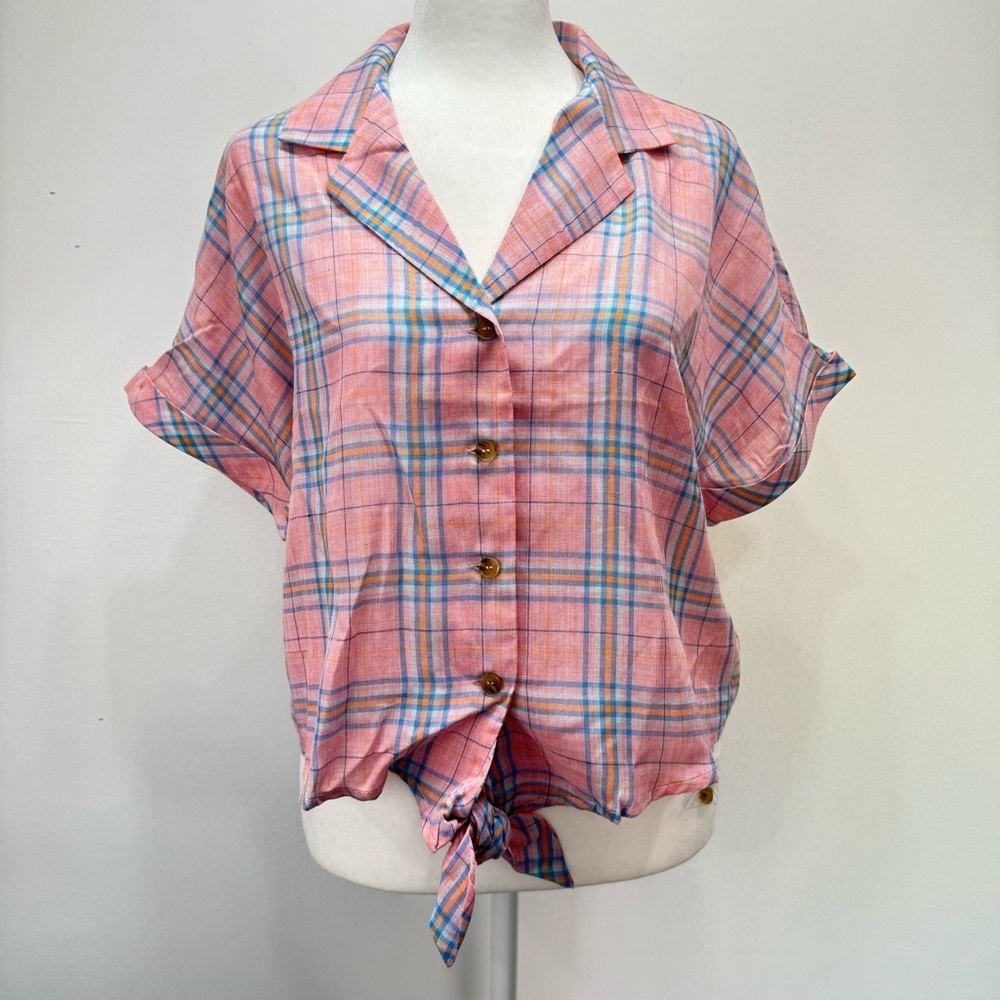 Hem & Thread Pink Plaid Lightweight Knotted Front Short Sleeve Blouse NEW